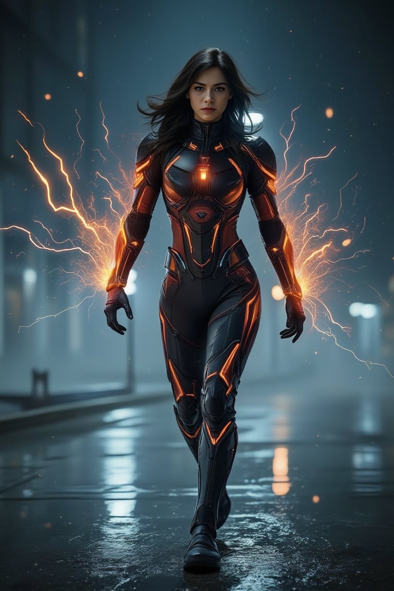 ((realistic, cinematic style)),
night scene, (shot of a 30 yo beautiful woman wearing cybernetic "the flash" mecha costume, mask off), no mask, athletic, (overloaded energy flashes across her entire body and discharges into small blurry lightning flashes:1.4), (skinny body:1.4), night city, (mist:0.2), highest quality, lighting particles, light rain, breasts, (large breasts:1.5), night, outdoors, rain, dark atmosphere, detailed background, masterpiece, flowing hair, moody, without mask, perfect face, perfect skin, ambient lighting, perfect shading, volumetric shading, subsurface scattering, dynamic pose, running, warp movement effects, ((empty hands)),close-up 