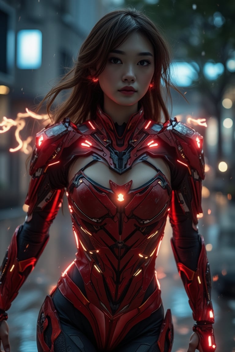 ((realistic, cinematic style)),
night scene, (shot of a 30 yo beautiful woman wearing cybernetic "the flash" mecha costume, mask off), no mask, athletic, (overloaded energy flashes across her entire body and discharges into small blurry lightning flashes:1.4), (skinny body:1.4), night city, (mist:0.2), highest quality, lighting particles, light rain, breasts, (large breasts:1.5), night, outdoors, rain, dark atmosphere, detailed background, masterpiece, flowing hair, moody, without mask, perfect face, perfect skin, perfect lighting, perfect shading, volumetric shading, subsurface scattering, dynamic pose, dynamic movement, ((empty hands)),cyborg 