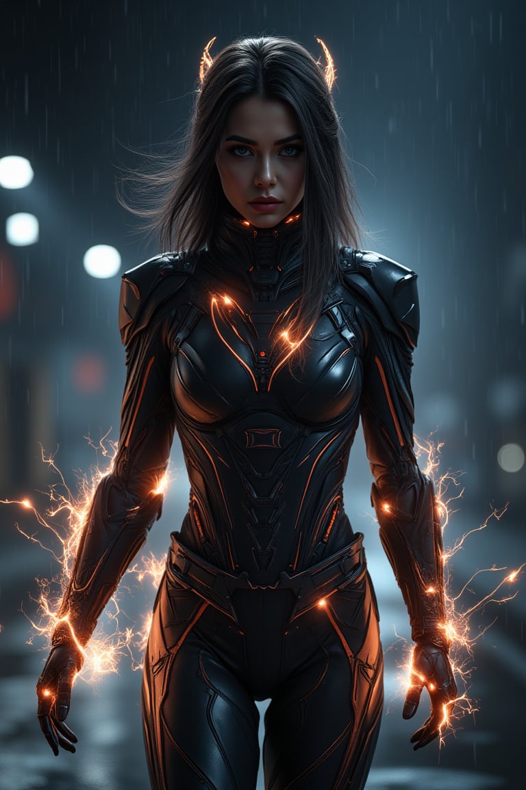 ((realistic, cinematic style)),
dark scene, (shot of a 30 yo beautiful woman wearing the flash mecha costume, mask off), no mask, athletic, (overloaded energy flashes across her entire body and discharges into small blurry lightning flashes:1.4), (skinny body:1.4), night city, (mist:0.2), highest quality, lighting particles, light rain, breasts, (large breasts:1.5), night, outdoors, rain, dark atmosphere, detailed background, masterpiece, flowing hair, moody, without mask, perfect face, perfect skin, perfect lighting, perfect shading, volumetric shading, subsurface scattering, dynamic pose, dynamic movement, ((empty hands)),cyborg 