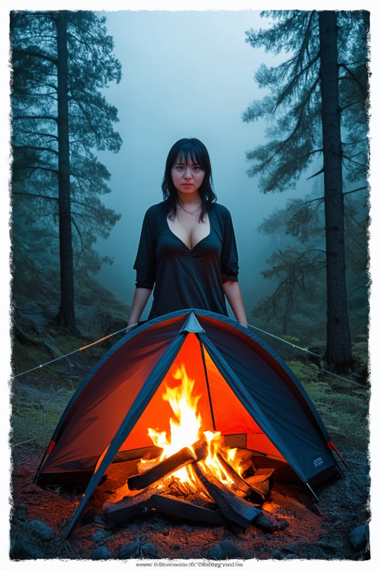 A young Japanese woman is camping in a deep mountain forest with thick fog,campfire,masterpiece,best quality,ultra detailed face,ultra detailed,4k,((blue eyes,blueeyes,blue_eyes)),skinny,(wide shot),ghost_girl,ghost,night,spooky,midnight,cleavage,dirty shirts,(boobs),tent,campfire