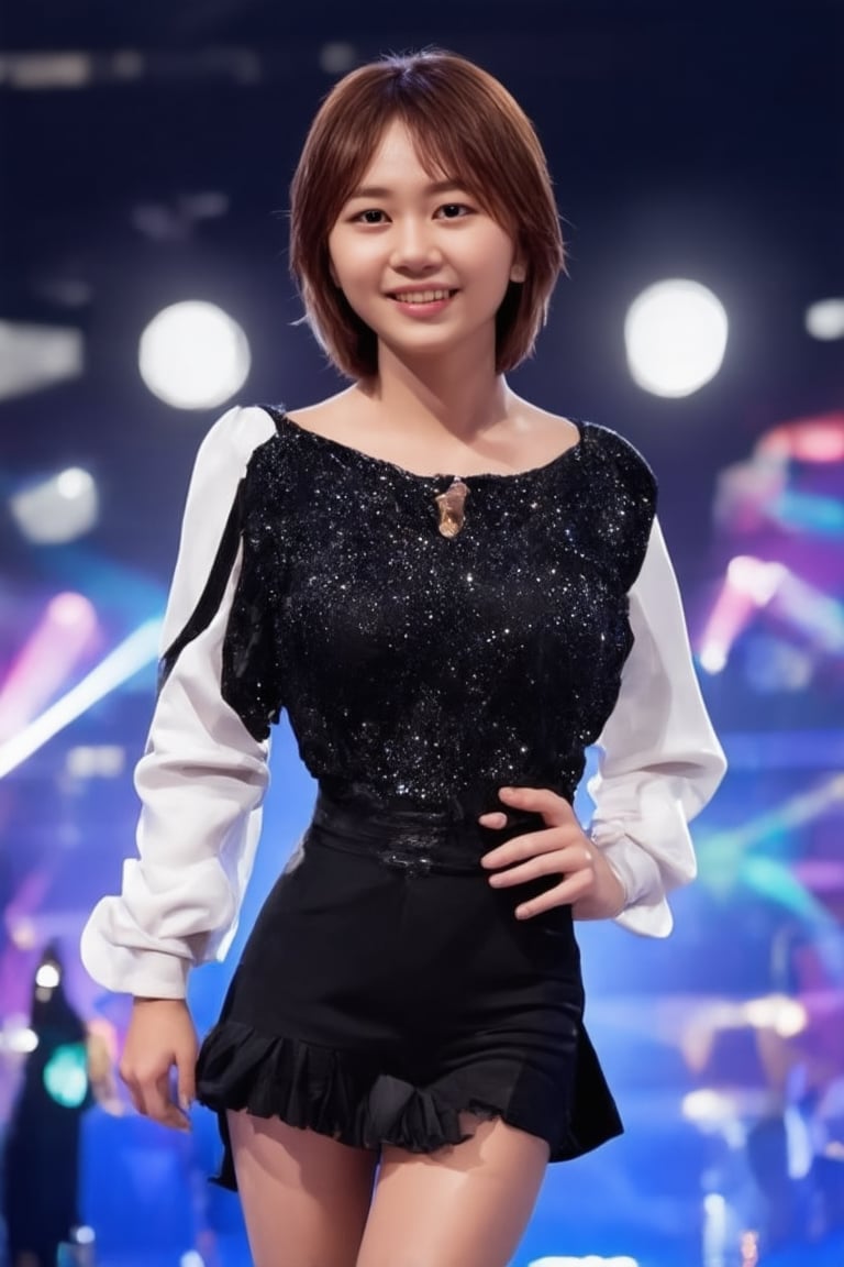 A glamorous K-pop star stands center stage, exuding elegance and charm. The scene is set in a grand concert hall, with spotlights creating a dramatic effect, highlighting her flawless makeup and luxurious attire. She poses with a confident smile, holding a microphone, her posture reflecting poise and sophistication. The background is filled with vibrant, colorful lights, enhancing the atmosphere of a high-energy performance. The composition captures her star power and the electrifying ambiance of a K-pop concert.