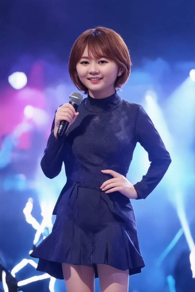 A glamorous K-pop star stands center stage, exuding elegance and charm. The scene is set in a grand concert hall, with spotlights creating a dramatic effect, highlighting her flawless makeup and luxurious attire. She poses with a confident smile, holding a microphone, her posture reflecting poise and sophistication. The background is filled with vibrant, colorful lights, enhancing the atmosphere of a high-energy performance. The composition captures her star power and the electrifying ambiance of a K-pop concert.