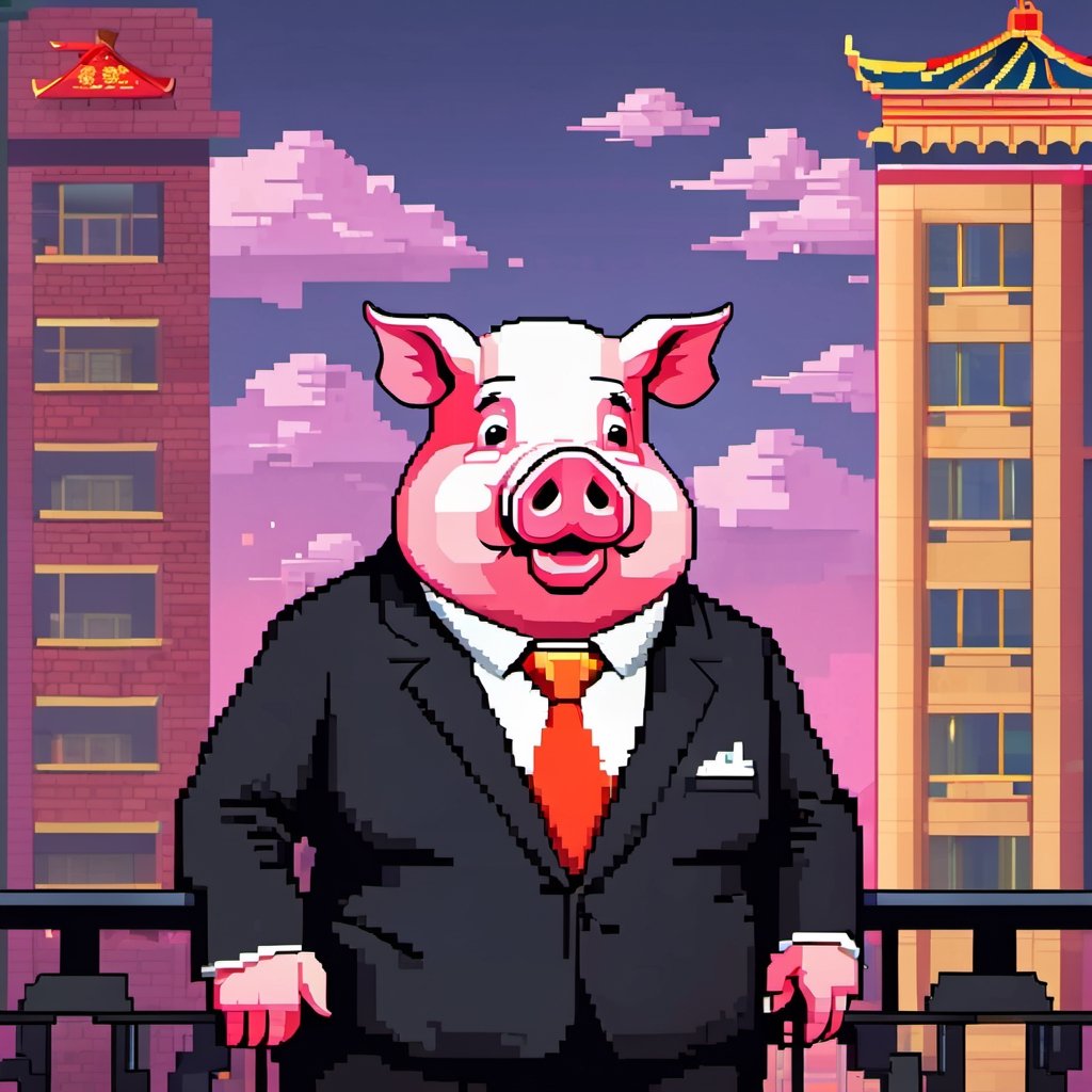 A political dictator, an arms dealer,((a pig with Chinese characteristics)), ((Pig President)), (Pig President), (Pig Man), fat figure, (animal anthropomorphic)),super detail, gangster theme, smoking, black suit, Father of God style, looking at the audience, standing on a balcony, solid color background, Super clear, super facial detail, intricate, masterpiece,ull body portrait, portrait, proud, win, vivid colors,colorful vector style background,height :1.1,Pixel art,,pixel style