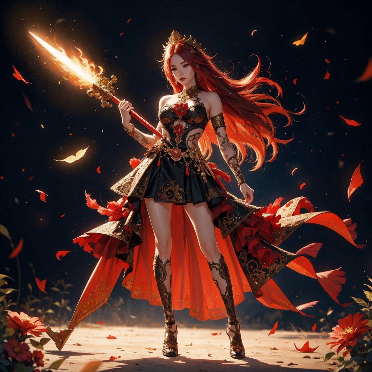 Full body image, 2.5D drawing, sexy 18 year old girl in fire goddess costume, fiery red hair with flower decoration, Pantone costume, magic valley, gold and red magic sword, light show, (Visual Arts, Abstract: 1.2) ,Fantasy,(Realism: 1.3),(Intricate Detail: 1.5),Shallow Depth of Field,Bokeh,Digital Illustration,Fantasy,AgoonGirl,1 Girl,