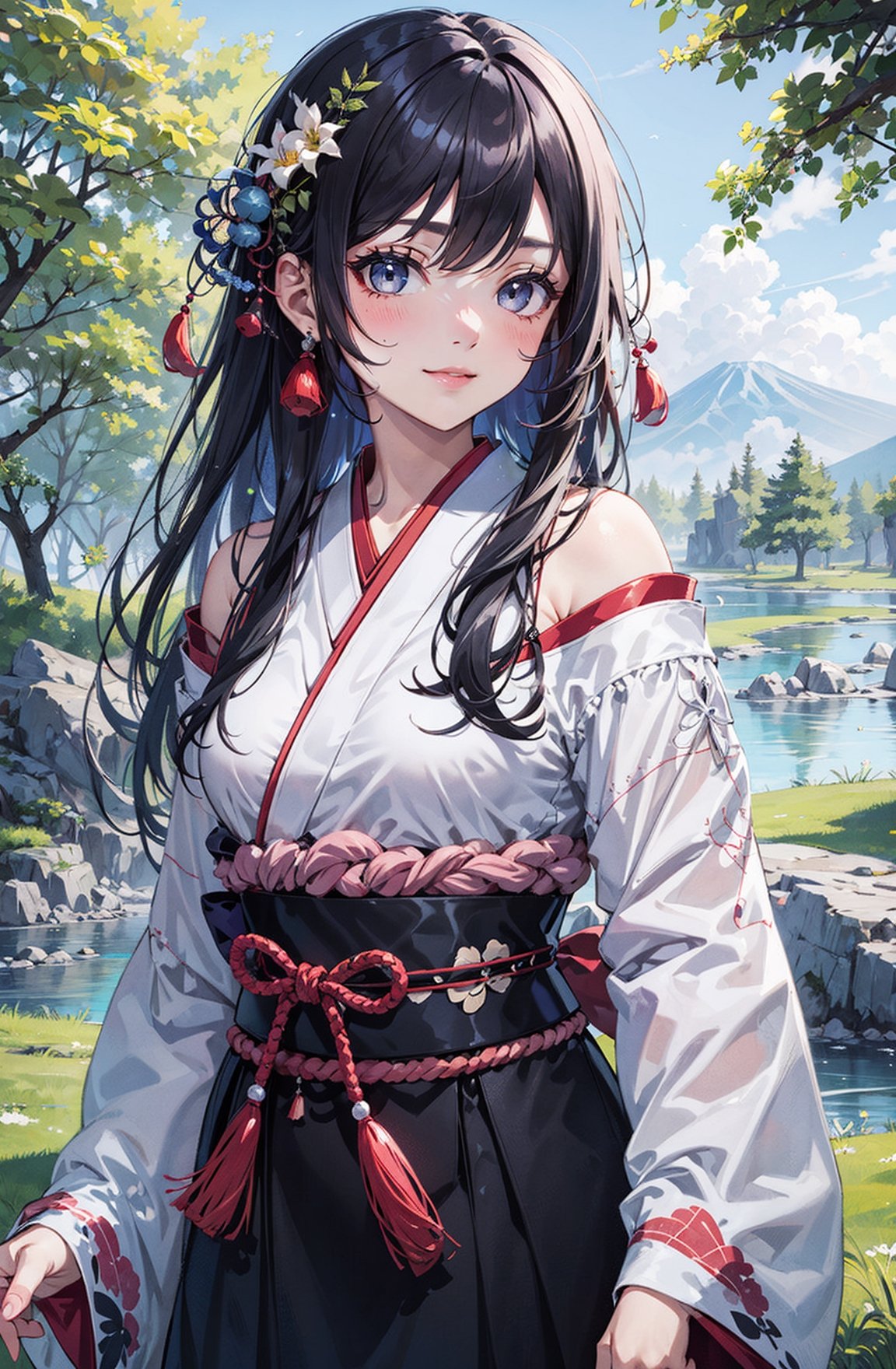 Masterpiece, intricate details, extremely detailed,  natural lighting, perfect face BREAK upper body, 1girl, solo, Herta, cute, petite, standing, (japanese haori:1.3), offshoulder, long sleeves, long hair, blush, light smile, small breasts, grey eyes, looking at viewer, BREAK nature, grassy plains, river stream, rocks,High detailed ,long hair