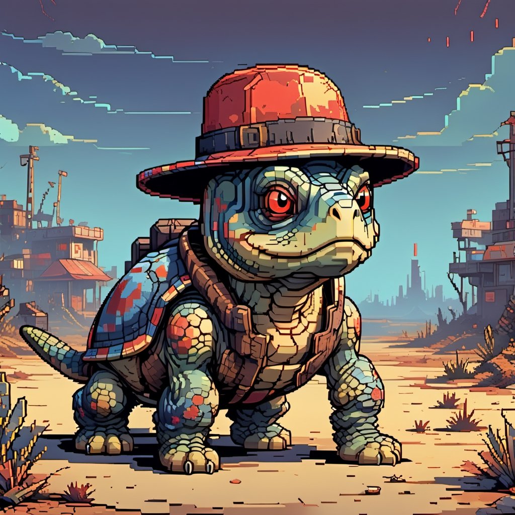 A turtle, ((with a hat on his head and red eyes:1.1)), crawling forward on all fours,(full body picture),(from the side:1.9),
A blue background,(Pixel Art :1.3), Pixel style,Comic Book-Style 2d,pixel style