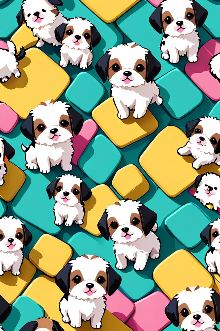 (((a cute pattern)))
for pattern design,
(((HD Pixel Style)))
A cute puppy pattern,
White, black, pink, blue, yellow, green, all kinds of bright colors,
Clean background, V ray,pixel style