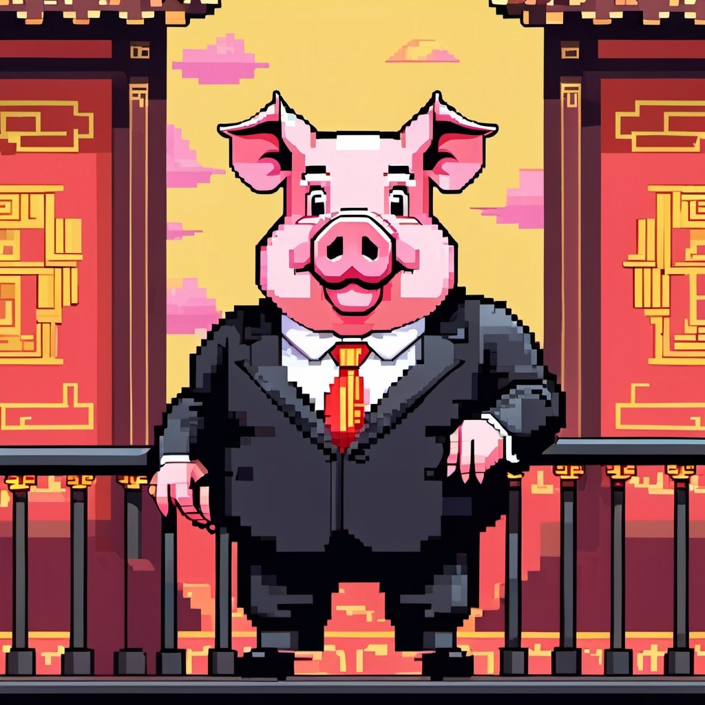 A political dictator, an arms dealer,((a pig with Chinese characteristics)), ((Pig President)), (Pig President), (Pig Man), fat figure, (animal anthropomorphic)),super detail, gangster theme, smoking, black suit, Father of God style, looking at the audience, standing on a balcony, solid color background, Super clear, super facial detail, intricate, masterpiece,ull body portrait, portrait, proud, win, vivid colors,colorful vector style background,height :1.1,Pixel art,,pixel style