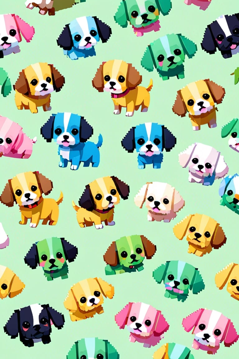 a cute pattern
for pattern design,
Pixel Style
A cute puppy pattern,
White, black, pink, blue, yellow, green, all kinds of bright colors,
Clean background, V ray,pixel style