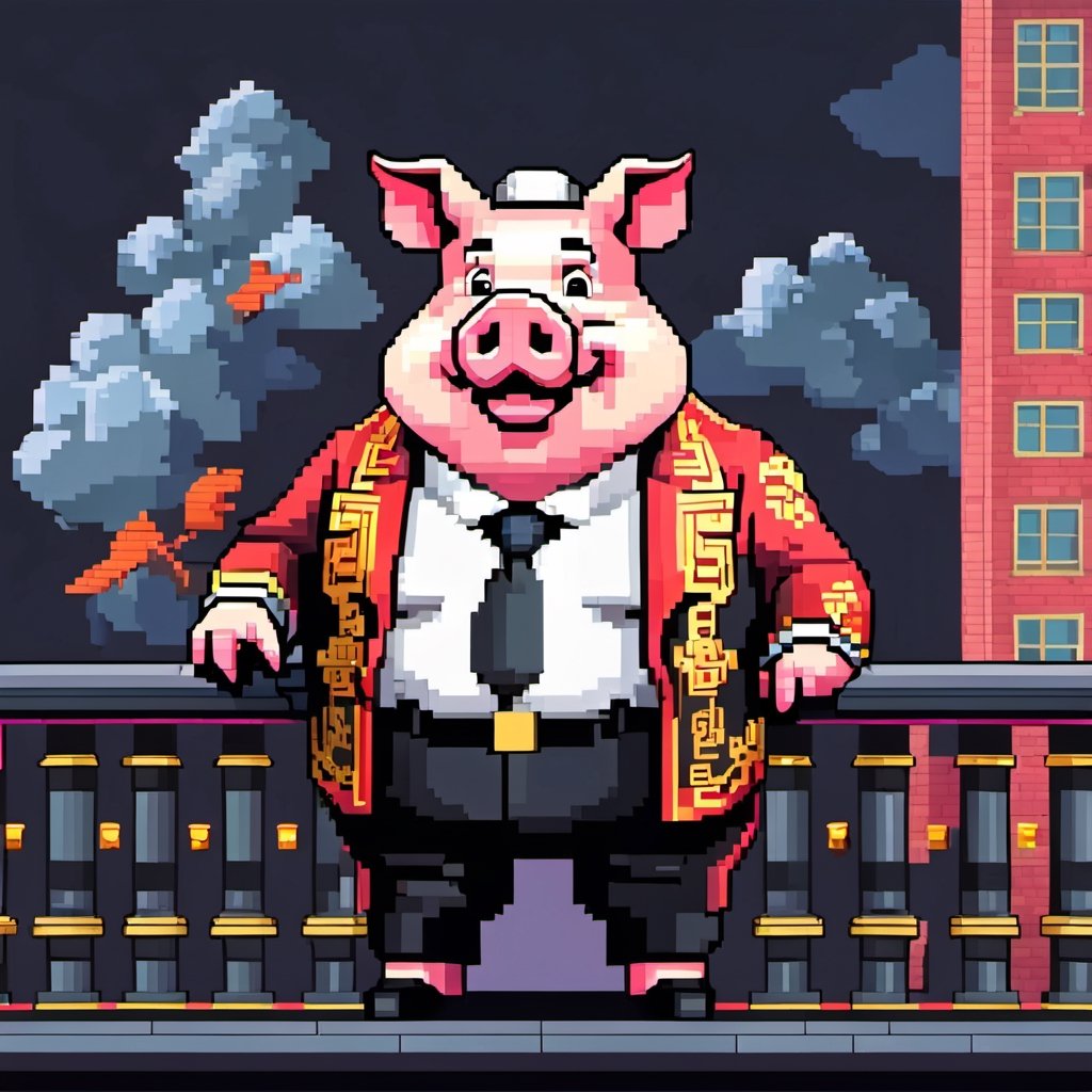 A political dictator, an arms dealer,((a pig with Chinese characteristics)), ((Pig President)), (Pig President), (Pig Man), fat figure, (animal anthropomorphic)),super detail, gangster theme, smoking, black suit, Father of God style, looking at the audience, standing on a balcony, solid color background, Super clear, super facial detail, intricate, masterpiece,ull body portrait, portrait, proud, win, vivid colors,colorful vector style background,height :1.1,Pixel art,,pixel style