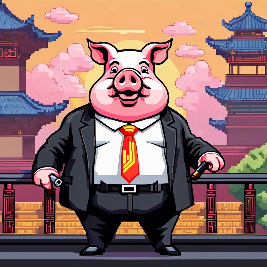 A political dictator, an arms dealer,((a pig with Chinese characteristics)), ((Pig President)), (Pig President), (Pig Man), fat figure, (animal anthropomorphic)),super detail, gangster theme, smoking, black suit, Father of God style, looking at the audience, standing on a balcony, solid color background, Super clear, super facial detail, intricate, masterpiece,ull body portrait, portrait, proud, win, vivid colors,colorful vector style background,height :1.1,Pixel art,,pixel style