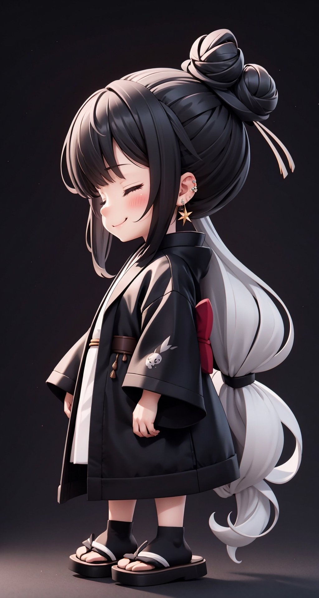 (Super Chibi) (Very Small Body) (Shame face) (black and silver background) (there are small lopes surrounding the character) (Dark), getou, long hair, looking at viewer, smile, , black hair, long sleeves, closed mouth, standing, jacket, closed eyes, white shirt, male focus, cowboy shot, japanese clothes, wide sleeves, kimono, hair bun, black eyes, black jacket, profile, ^_^, piercing, single hair bun, ear piercing, black kimono, hair pulled back, full_body