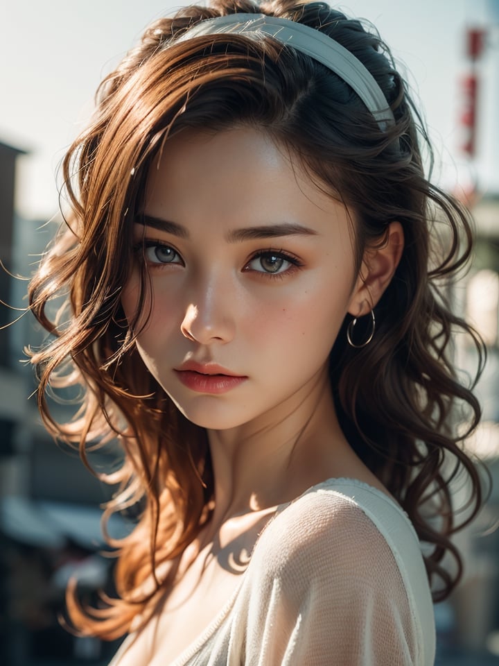 a very beatutiful supermodel, high resolution, (oval face), curly hair, hairband, ladylike style, white sweater, chinese-european girl, 18 years old, preteen youthful face, blond hair, black eyes, glamorous body, small breasts, real hands, (gorgeous hair, half red, half Brown: 1.2), film grain, embers of memories, colorful, (photo-realisitc), exposure blend, bokeh, (hdr:1.4), high contrast, (cinematic, red:1.2), (muted colors, dim colors, soothing tones:1.3), low saturation, fate/stay background, yofukashi background, 1, toitoistyle,