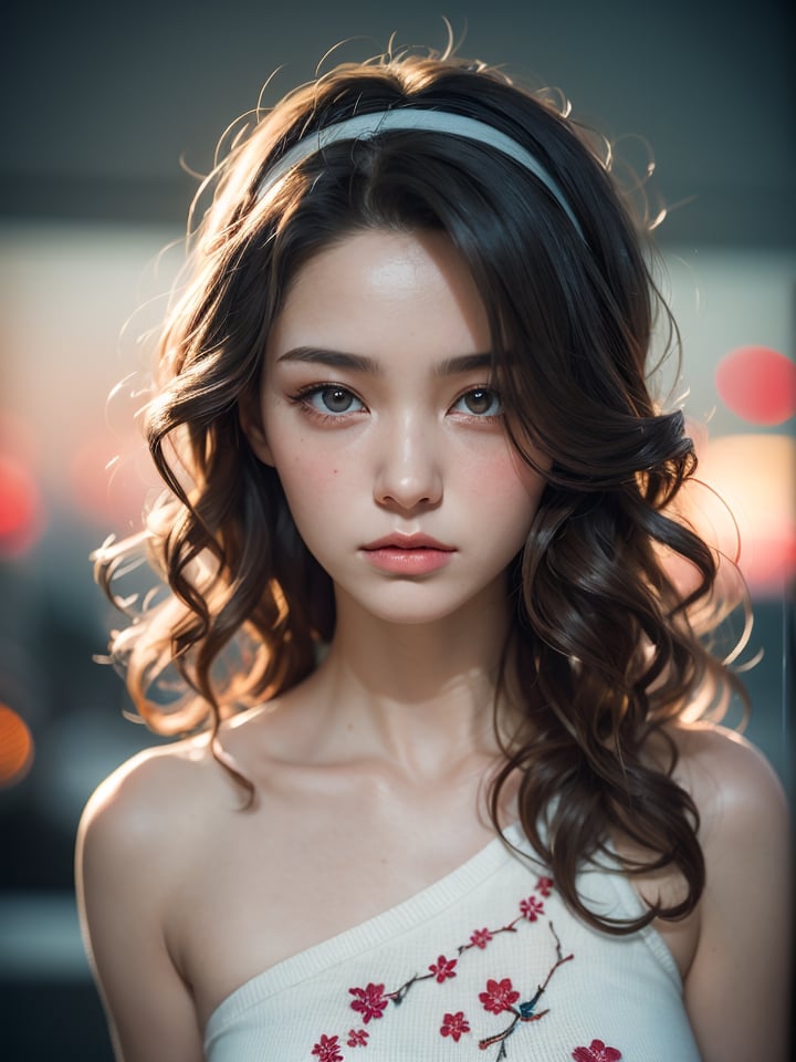 a very beatutiful supermodel, high resolution, (oval face), curly hair, hairband, ladylike style, white sweater, chinese-european girl, 18 years old, preteen youthful face, blond hair, black eyes, glamorous body, small breasts, real hands, (gorgeous hair, half red, half Brown: 1.2),  film grain, embers of memories, colorful, (photo-realisitc), exposure blend, bokeh, (hdr:1.4), high contrast, (cinematic, red:1.2), (muted colors, dim colors, soothing tones:1.3), low saturation, fate/stay background, yofukashi background, 1, toitoistyle,