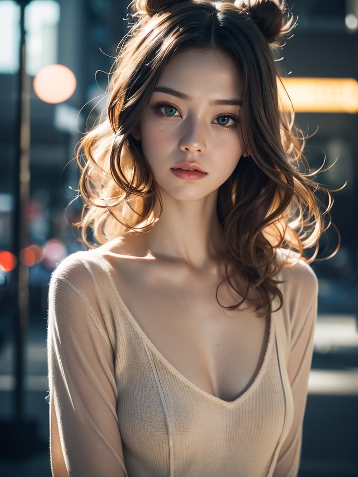 (medium shot :1.2) of a very beatutiful supermodel, (oval face), curly hair, hairband, ladylike style, white sweater, chinese-european girl, 18 years old, preteen youthful face, blond hair, black eyes, glamorous body, buns, small breasts, real hands, embers of memories, colorful, (photo-realisitc), exposure blend, bokeh, (hdr:1.4), high contrast, (cinematic, red:1.2), (muted colors, dim colors, soothing tones:1.3), low saturation, fate/stay background, yofukashi background, 1, toitoistyle,