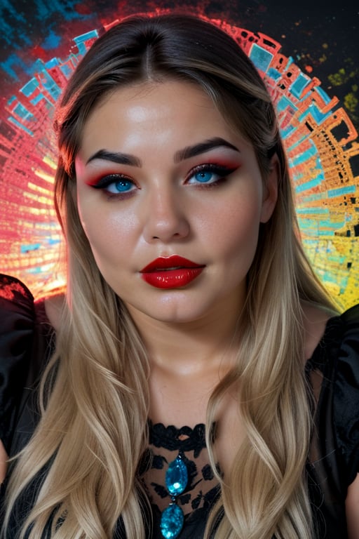 beautiful, chubby woman looking at viewer, masterpiece, sunset background, vibrant colors, blue eyes, lips parted, red lipstick, black eyeliner 