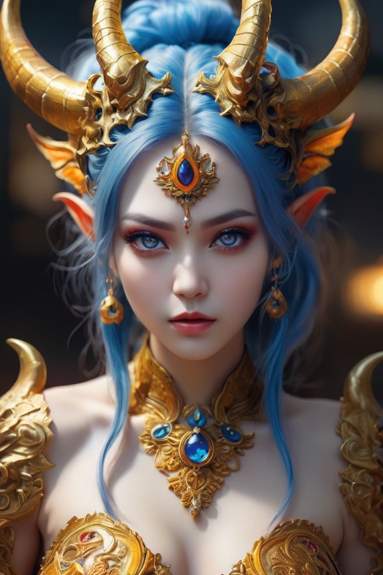 gorgeous female demon, colorful, ultra highly detailed, 32k, Fantastic Realism, complex hell background, bright dynamic lighting, digital painting, intricated pose, highly detailed intricated, stunning, textures, photo real, light from front, extra large yellow_eyes, blue_hair