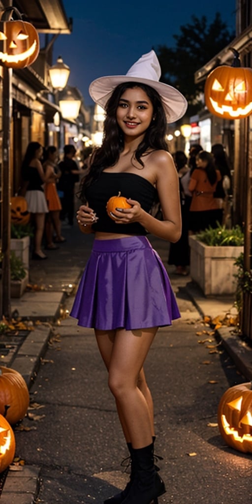 NSFW, masterpiece, best quality, photorealistic, Raw photo, 1girl, Indian teen girl, Halloween, wearing purple skirt, sexy girl, cute face, prostute girl, black top, small nose, wearing makeup lipstick and witch hat, black long hair, visible thighs, bare shoulders, bare arms, and bare legs,((( holding her skirt up ))), smiling, seductive_pose, wearing black panties, revealing panties, clean white skin, at night in crowded street with pumpkins