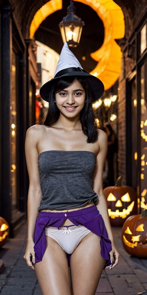 NSFW, masterpiece, best quality, photorealistic, Raw photo, 1girl, Indian teen girl, Halloween, wearing purple skirt, sexy girl, cute face, prostute girl, black top, narrow nose, wearing makeup lipstick and witch hat, black long hair, visible thighs, bare shoulders, bare arms, bare legs, ((holding her skirt up)), smiling, seductive_pose, short skirt, short top, (black panties), (((showing panties))), clean white skin, at night in crowded street with pumpkins