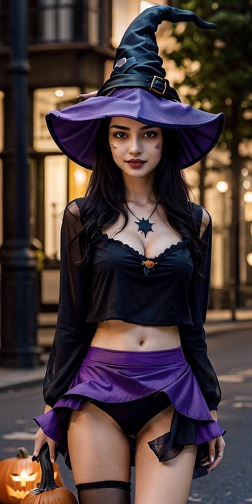 NSFW, masterpiece, best quality, photorealistic, Raw photo, 1girl, indian teen girl, navel, wearing ((( purple skirt, black blouse ))) , Halloween, wearing makeup, pumpkins, cleavage cutout, (((( wearing witch hat )))) , ( black hair ) , long hair, visible thighs, sleeveless blouse, ( holding skirt up ) , 4k resolution, front_view, smile, crossed legs, seductive_pose, (( black panties )) , visible panties, clear white skin, in night crowd streets