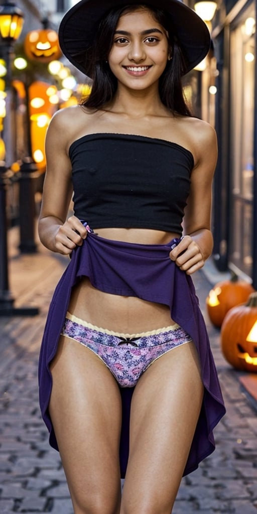 NSFW, masterpiece, best quality, photorealistic, Raw photo, 1girl, Indian teen girl, Halloween, wearing purple skirt, sexy girl, cute face, prostute girl, black top, narrow nose, wearing makeup lipstick and witch hat, black long hair, visible thighs, bare shoulders, bare arms, bare legs, ((holding her skirt up)), smiling, seductive_pose, short skirt, short top,wearing black panties, (((showing panties))), clean white skin, at night in crowded street with pumpkins, mini_skirt, mini_top,skirt_lift