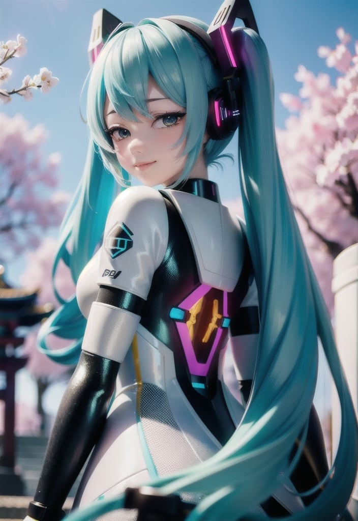 hatsune miku,aqua hair,miku,masterpiece, best quality, 1girl,virtual youtuber, yellow eyes, Beautiful face, delicate eyes, smile, long hair, white hair, tree, stairs, standing, sky, cherry blossoms, temple, looking at viewer, upper body, from below, looking back, ((Mecha)), young girl, Cyberpunk, CyberMechaGir