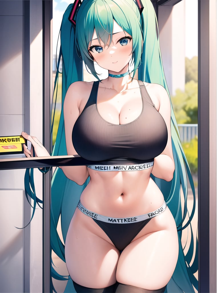 hatsune miku, hips focus, thonge, undergwear, large breast, no gap between breast, tight_clothes, naked_thighhighs, tight breast 
,ckundies,underwear, panties, sports bra,