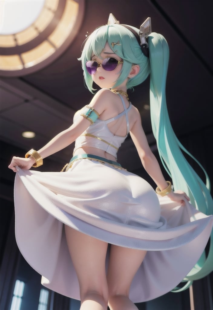 hatsune miku, orange background, purple glass,((best quality)), ((masterpiece)), (detailed), 1girl, shine, highres, original, perfect lighting, colorful, ,bodycon tank top, , (aviators, tinted sunglasses, reflection), kawaii girl, oversized_clothes, fancy jewelery,gold_jewelry, white dress, princess dress, miniskirt, microskirt,from below,(ass focus,bottom ass,) ass holding,egyptian clothes,skirt_lift,clothes lift