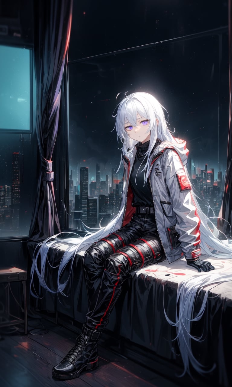 1girl, beautiful, pretty, long white hair, light-purple eyes, inside room, sitting on the bed beside the window, futuristic city, cyberpunk, technological, dark room, neon city lights on the outside, night, night sky, young girl, skinny, teen, boots, cargo pants, white jacket