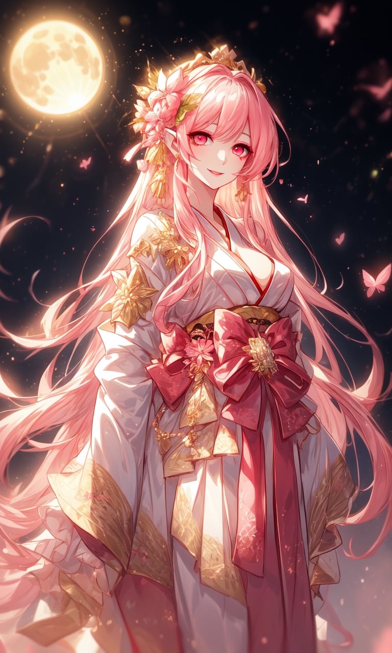 1girl, beautiful, pretty, perfect, pink trees and flowers background, very long pink straight hair, soft hair, brushed hair, japanese miko robes, white kimono, noble clothes, golden jewelry, pink eyes, pink moon in the sky, beautiful pink forest background, tall woman, mature, medium breasts, golden earrings, golden jewels, queen, adorned with pink gems