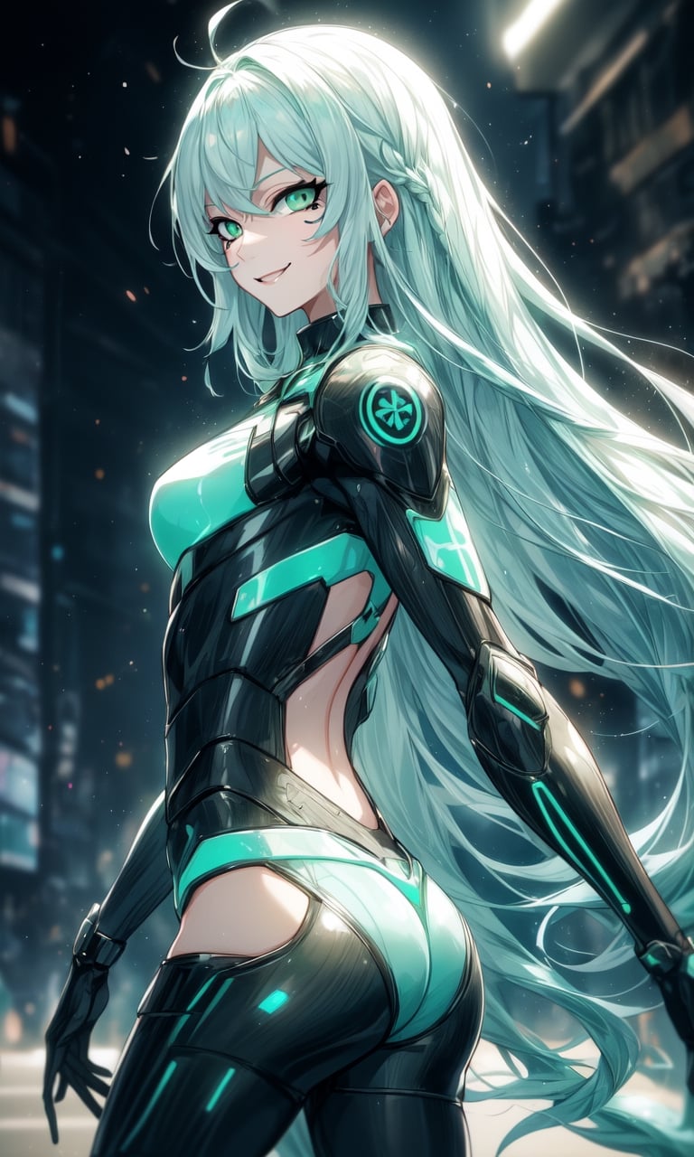 1 girl, long hair, white hair, straight hair, sea-green eyes, modern city background, beautiful, alternate hairstyle, young looking, young girl, strong, skin tight battle suit, nighttime, neon lights on the battle suit