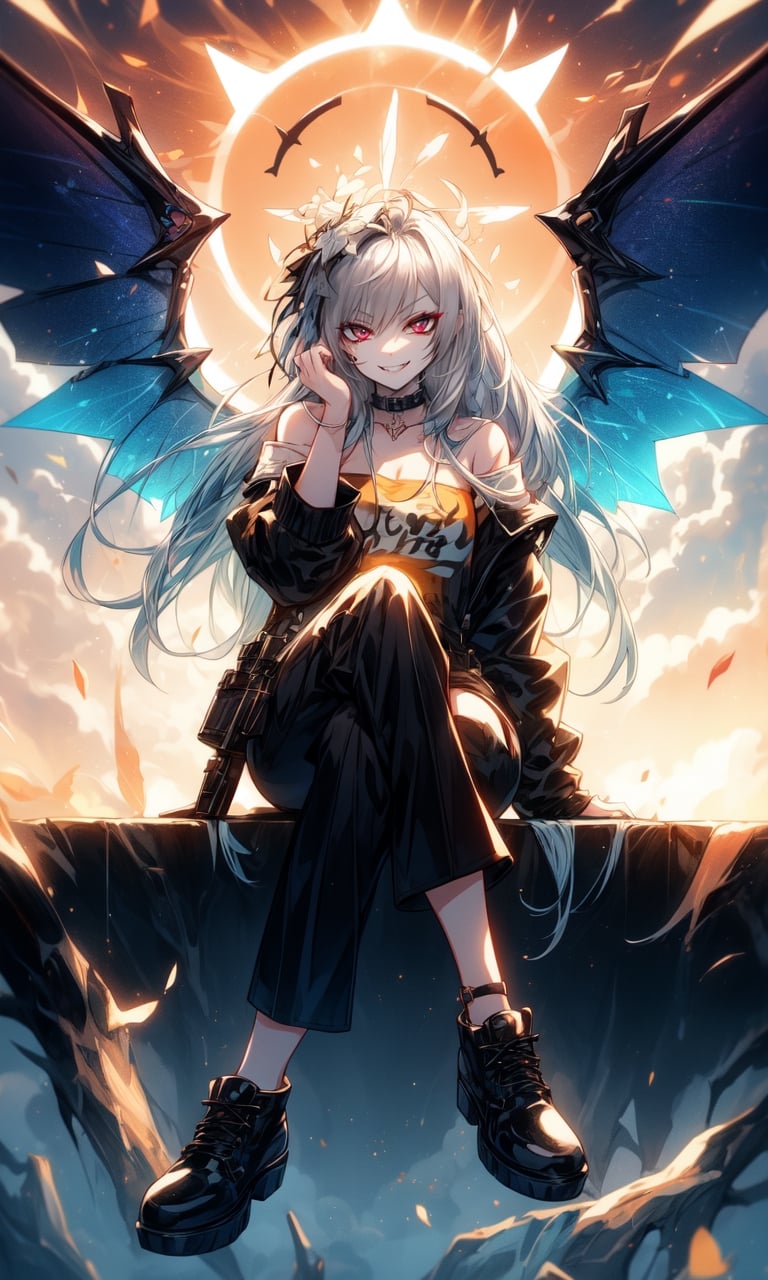 1girl, dark-gray hair, gradient eyes, multicolored eyes, beautiful, alternate hairstyle, short spiked hair, sunset, orange sunny sky, blue sky, full body view, bright background, teen girl, young girl, sitting on the edge of an floating island, island above the clouds, black cropped top shirt, black pants, black emo shoes with blue soles, cool girl, cool pose, muticolored halo above head, cyberpunk halo, cyberpunk wings, digital wings, large wings, big wings, huge wings