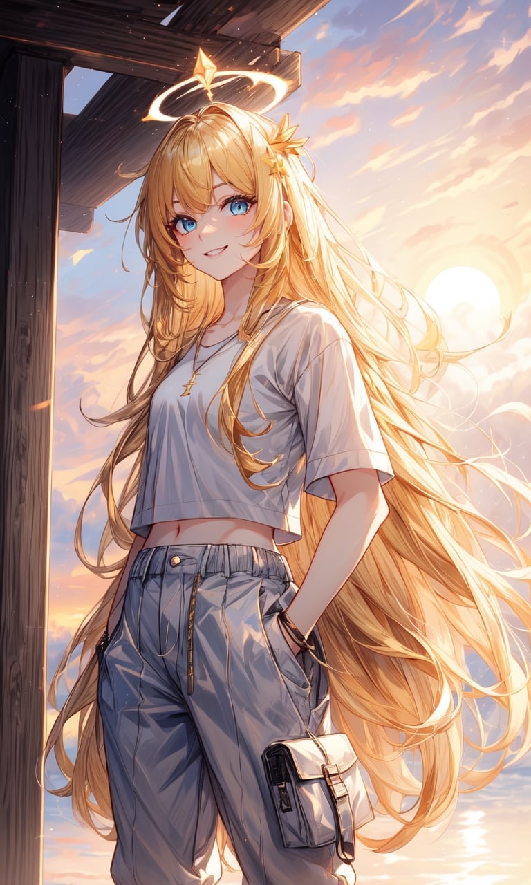 1 girl, long hair, golden blonde hair, messy hair, long bangs, straight bangs, blue eyes, sunset sky, pale skin, beautiful, white temple background, sunset, alternate hairstyle, halo above head, casual clothing, white cropped top, cool girl, black cargo pants