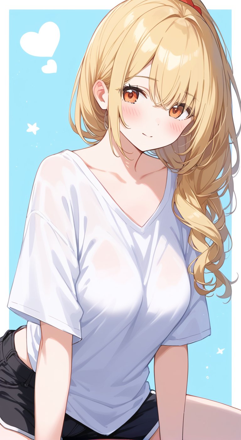 BREAK (blonde anime women:1.7), 
(ponytail), 
(detailed and intricate hair:1.3), 
(blushing expression:1.5), 
(realistic shading and highlights:1.2), 
(blonde hair:1.2), (orange eyes:1.2), 

((white oversized shirt worn properly,black shorts:1.2)), 
(teenage facial features:1.2), 
(youthful appearance:1.2), 
(cute and shy pose:1.2),

MASTERPIECE, BEST QUALITY, HIGH QUALITY, HIGHRES, ABSURDRES, PERFECT COMPOSITION, INTRICATE DETAILS, ULTRA-DETAILED, PERFECT FACE, PERFECT EYES,

anime style shading, smooth and soft skin, subtle glossiness, soft highlights, natural anatomy, detailed and soft skin texture