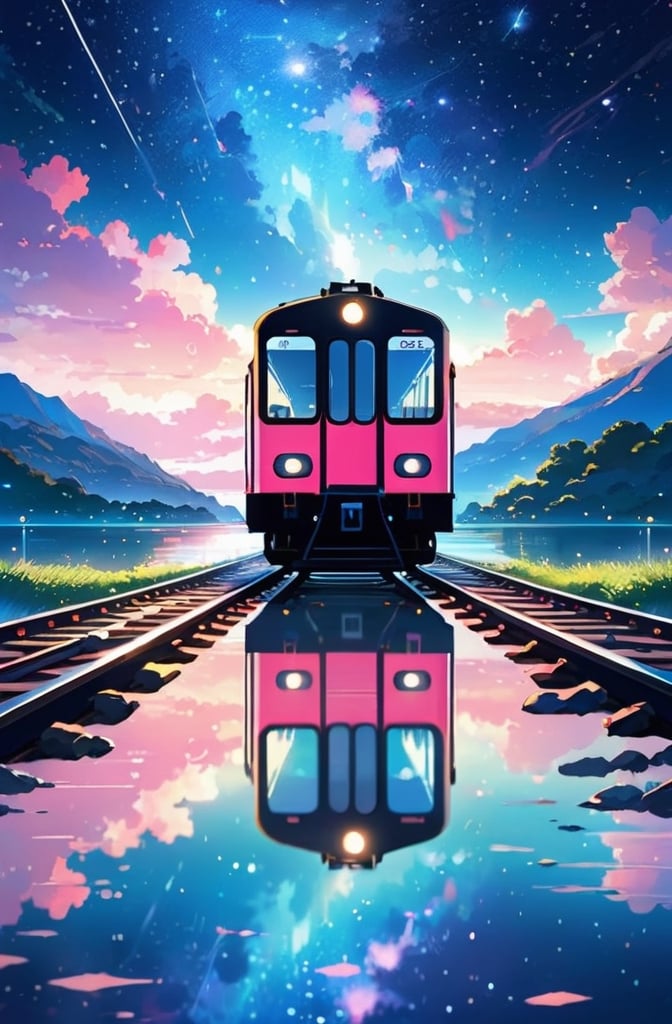 Masterpiece, anime train on tracks through a body of water, bright starry sky, pink train. Romantic Train, Makoto Shinkai style picture, pixiv, concept art, lofi art style, reflection. by makoto shinkai, lofi art, beautiful anime scenes, anime scenery, detailed scenery, in style of makoto shinkai, style of makoto shinkai, details enhanced.,EpicSky