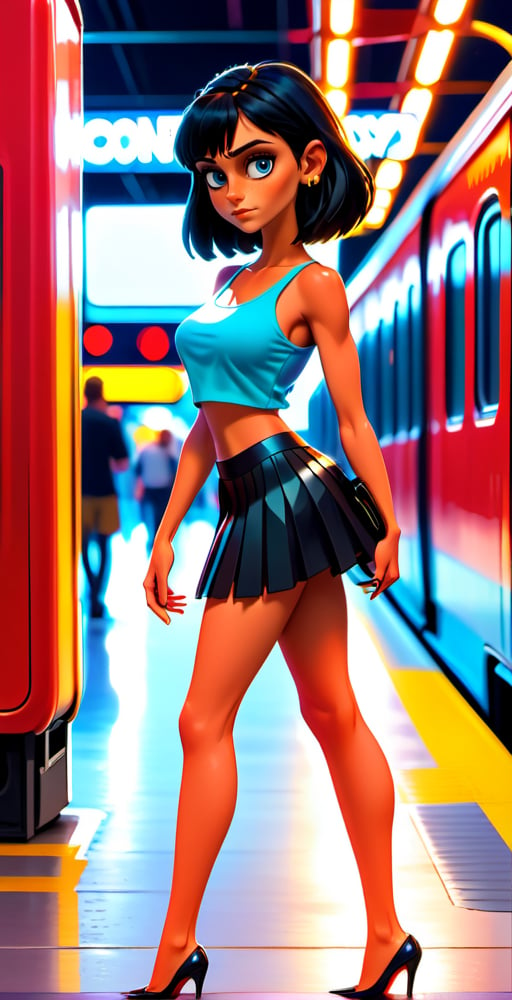 face view, (full bodyshot), A photorealistic masterpiece! A 14-year-old girl with perfect face and body, big breasts and skinny physique, black hair, long hair, bob haircut, fringe, bangs, walks confidently in a crowded summer evening train station. She's wearing glamorous style clothes - a miniskirt and a tank top, showing belly, high heels, and red lipstick. Her thin legs are toned and perfect, as she walks effortlessly while holding a heavy suitcase with one hand. In the background, neon lights reflect off the sensual clothes, creating a sense of depth and detail. The subject's sharp features pop against the blurred crowd, exuding a glamorous style,Extremely Realistic,skinny,disney pixar style