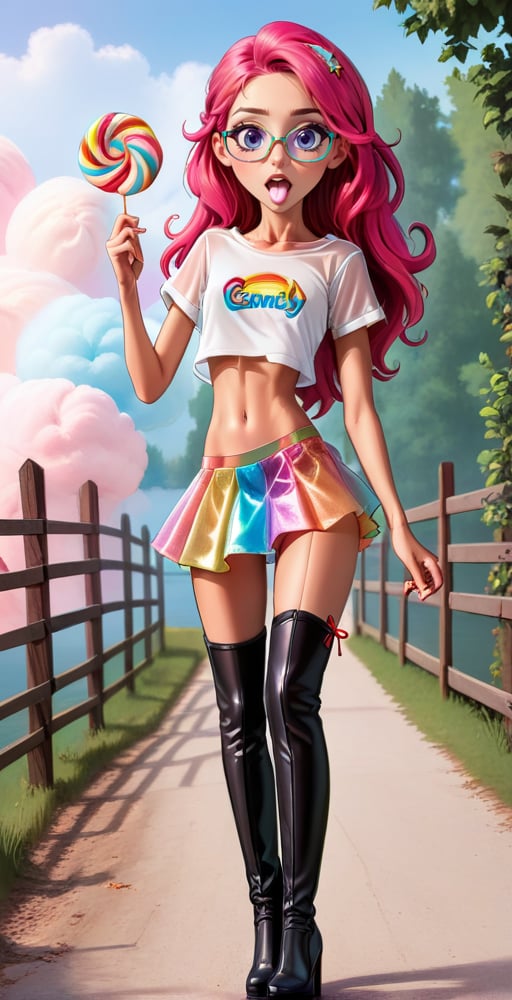 (full body shot:1.4), ultrarealistic photo, a teenage girl, 13 yo, skinny body, perfect face, (detailed face:1.3), perfect body, long wavy hair, (pink hair:1.3), rainbow glasses, red velvet skirt, (showing belly:1.4), (white see-through t-shirt:1.3), white mesh top, white laces top, very sexy attitude, (eating cotton candy:1.4), leaning on a fence, on a bridge, near a lake, detailed_background, high heels, (long over the knee boots:1.4), cotton candy atmosphere,see-through clothes, flying butterflies, stars, rainbow,strapless rainbow gradient fishnets,disney pixar style,hud_pr1d3,sleeveless