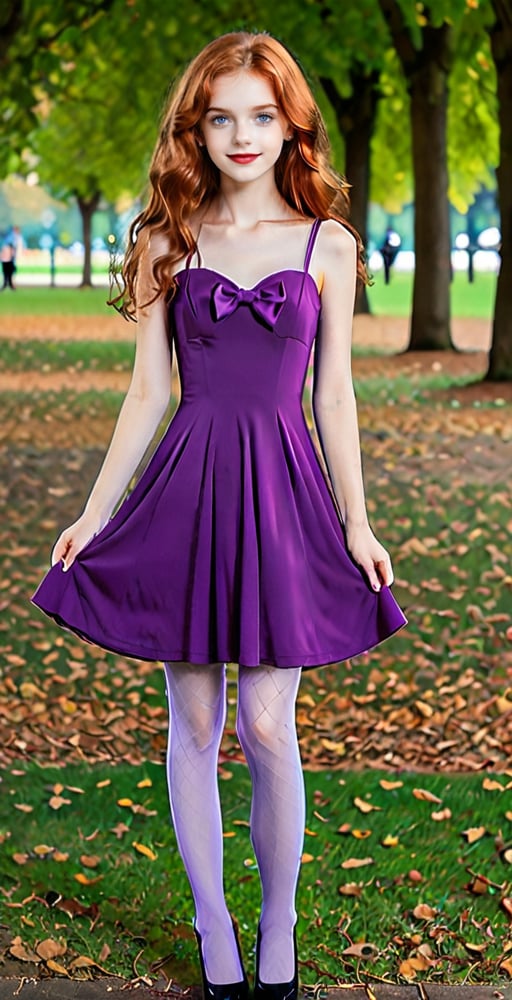 (Full body shot:1.4),  ultra realistic photography,  a young Daphne Blake standing in a park, in daylight, crowded place, skinny body, perfect face, beautiful face, perfect body, long wavy red hair, purple bow in the hair, perfect boobs, 12yo, shy smile, red lipstick, detailled background, perfect boobs, (too little purple dress:1.4), high heels, fishnets tights, undersized clothes