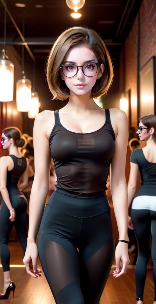 1girl, solo, (full body shot:1.9), best quality, masterpiece, art photography, perfect face, thin face, beautiful face, perfect body, french, 21 yo, standing in a crowded club, bright eyes, (high heels:1.7), (black yoga pants:1.4), black bra, large breasts, (skinny body:1.6), (thick glasses: 1.8), brown hair, (bob haircut:1.6), short hair, shy smile, no make-up, watching at camera, best quality, amazing quality, ,see-through black tshirt,see-through black tshirt,REALISTIC,natural skin,Masterpiece,see-through,makinami_mari_illustrious,skinny,photo_b00ster,Flat vector art