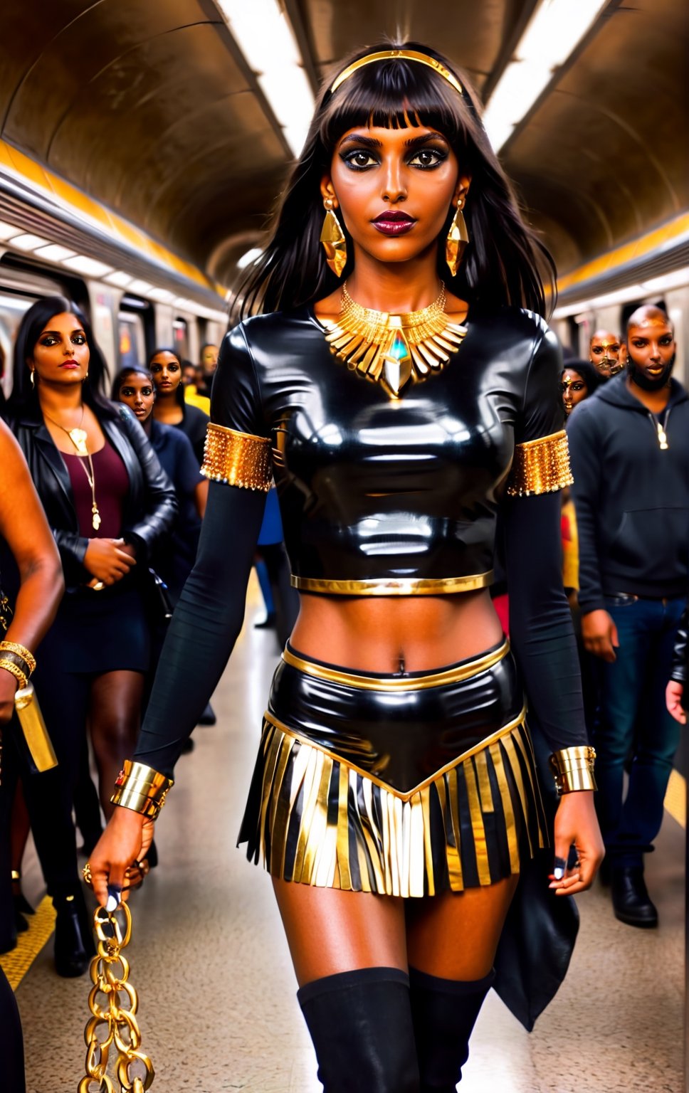 sologirl, ultrarealistic, masterpiece, a thin egyptian godess walking in an crowded subway station, 16 yo, ((very skinny body)), perfect body, perfect face, perfect boobs, 4K, hdr, volumetric lighting, ((full body shot)), facing viewer, shy smile, photo, over the knee boots, bimbo makeup, high heels, bob haircut, long hair, black hair, fringe, a lots of gold jewels, earings, bangles, armbands, gold chains, gold arm bracelets, gold cuffs, black and gold leather crop top,  black and gold leather miniskirt, showing belly, Obsidian_Gold, ((((full lenght portrait)))), dark lipstick, bright eyes, holding a whip and a gold scepter,