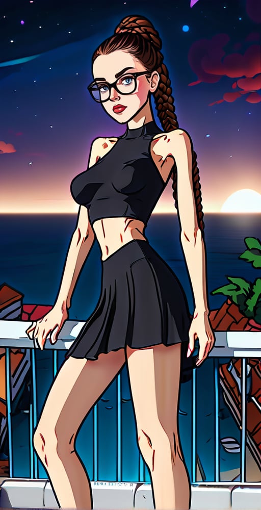 (Full body shot:1.4), ultra realistic photography,  a young french girl leaning on a fence on a rooftop; skinny body, (very long and thick single braid:1.4), brown hair, freckles,16yo, baby face, (long tight split skirt:1.4), legs open, opening her legs wide,one shoulder see-through top, cleavage, (underboob), big boobs, huge breast, (showing belly), high heels, (glasses:1.4), freckles, perfect legs, thin legs, perfect boobs,skinny, shy smile, perfect round tiny ass, red lipstick, underboob, very large boobs, large breast, perfect boobs, detailled background,mega ponytail, grabbing_breasts,thylane,(very long tight skirt:1.4),anime style