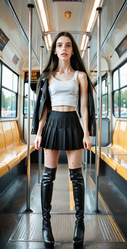 (Full body shot:1.4),  side view, low angle view, ultra realistic photography,  a young caucasian girl in a bus, crowded bus, perfect face, beautiful face, skinny body, black hair, freckles, 12yo, very angry, red lipstick, detailled background, long smooth hair, very long hair, perfect boobs, large breast, white tank top, pleated black miniskirt, showing belly, black over the knee boots, red lipstick, hanging hair,high heels, leather jacket, watching viewer,hair on ground