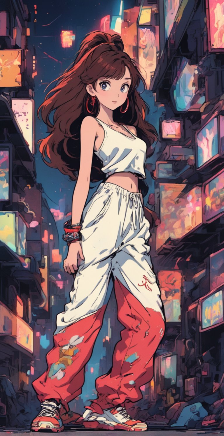 (full body shot), A serene scene of a skinny teenager prostitute in a white sweatpant, withe one shoulder tank top, showing belly, set against the vibrant place of a cyberpunk village, cleavage, high heels, freckles, red lipstick, showing belly, long wavy brown hair, anime style