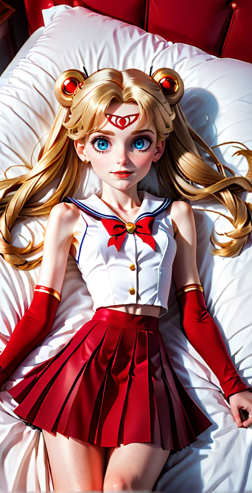 (Full body shot:1.4),  low angle view, ultra realistic photography,  a young Sailor Moon laying in a bed, on all fours, on her knees,  in daylight, perfect face, beautiful face, skinny body, blond hair, freckles, 12yo, very happy, smile, red lipstick, detailled background, long smooth hair, twin_braid, very long hair, perfect boobs,  white tank top, pleated miniskirt, showing belly, red over the knee boots, red lipstick, blue eyes, holding a scepter and a whip,hanging hair,thylane,skirtlift, ((full body shot)), pussy_fingering 