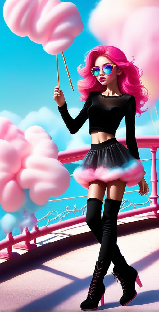 (full body shot:1.4), a teenage girl, 13 yo, skinny body, perfect face, perfect body, long wavy hair, pink hair, rainbow glasses, red velvet skirt, showing belly, (black see-through t-shirt:1.3), black mesh top, black laces top, very sexy attitude, (eating cotton candy:1.4), leaning on a fence, on a bridge, near a lake, detailed_background, high heels, (long over the knee boots:1.4), cotton candy atmosphere,see-through clothes, flying butterflies, stars, rainbow