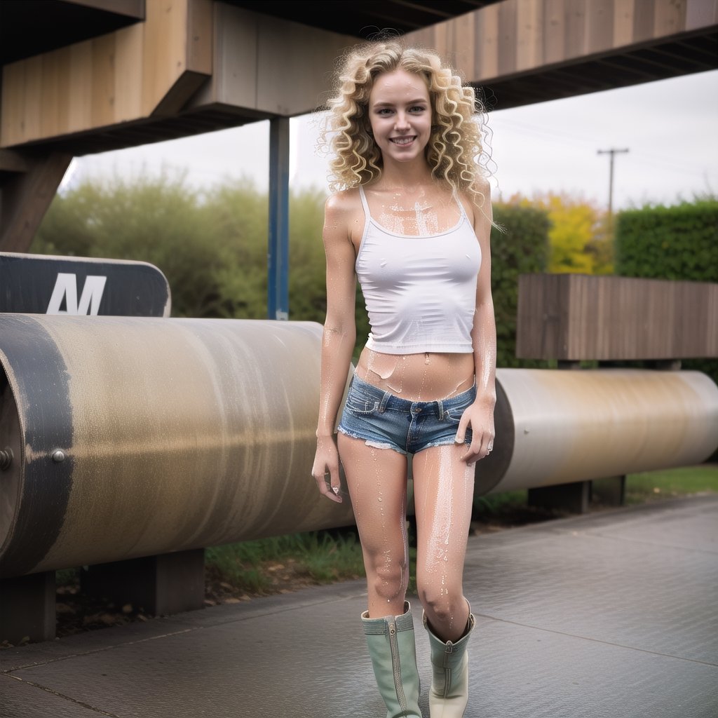 Masterpiece,  8k,  ultrarealistic,  (((full body shot))) best quality,  masterpiece,  (ultra-detailed:1.1),  (high detailed skin),  ((full body shot)),  full lenght portrait, solo teen caucasian girl, micro tight denim shorts, big boobs, ((white)) tank crop top, showing belly, cowboy boots, blond curly hair, green eyes , skateboarding, smiling, ((blond hair)), ((full-body_portrait)) ((blond curly hair)), high heels, boots,narrow waist, skate board, sweating, wet hair, tatoos