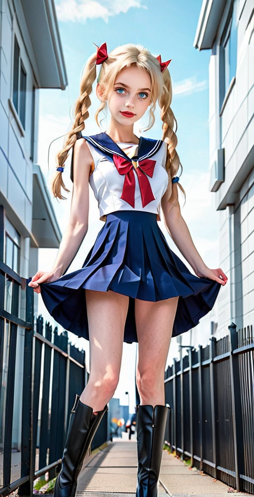 (Full body shot:1.4),  low angle view, ultra realistic photography,  a young Sailor Moon leaning on a fence in a futuristic city,in a cod, in daylight, perfect face, beautiful face, skinny body, blond hair, freckles, 12yo, very happy, smile, red lipstick, detailled background, long smooth hair, twin_braid, very long hair, perfect boobs,  white and blue top, red bow, pleated miniskirt, showing belly, red over the knee boots, red lipstick, blue eyes, holding a scepter and a whip,hanging hair,thylane,skirtlift, ((full body shot))