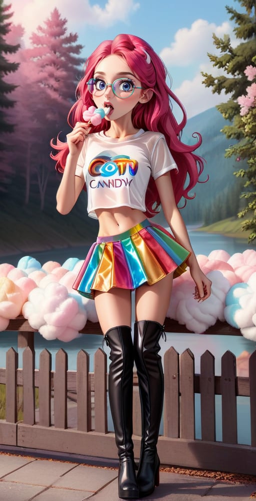 (full body shot:1.4), ultrarealistic photo, a teenage girl, 13 yo, skinny body, perfect face, (detailed face:1.3), perfect body, long wavy hair, (pink hair:1.3), rainbow glasses, red velvet skirt, (showing belly:1.4), (white see-through t-shirt:1.3), white mesh top, white laces top, very sexy attitude, (eating cotton candy:1.4), leaning on a fence, on a bridge, near a lake, detailed_background, high heels, (long over the knee boots:1.4), cotton candy atmosphere,see-through clothes, flying butterflies, stars, rainbow,strapless rainbow gradient fishnets,disney pixar style,hud_pr1d3,sleeveless