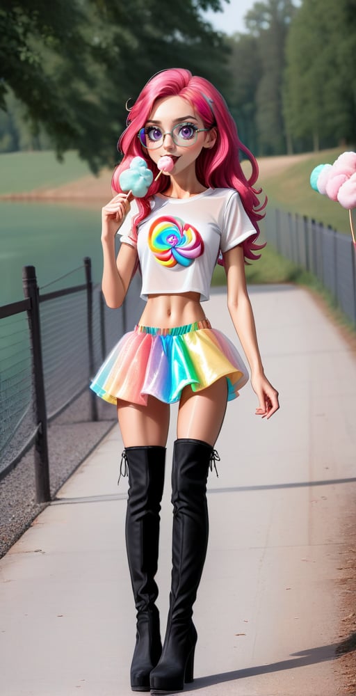 (full body shot:1.4), ultrarealistic photo, a teenage girl, 13 yo, skinny body, perfect face, (detailed face:1.3), perfect body, long wavy hair, (pink hair:1.3), rainbow glasses, red velvet skirt, showing belly, (white see-through t-shirt:1.3), white mesh top, white laces top, very sexy attitude, (eating cotton candy:1.4), leaning on a fence, on a bridge, near a lake, detailed_background, high heels, (long over the knee boots:1.4), cotton candy atmosphere,see-through clothes, flying butterflies, stars, rainbow,strapless rainbow gradient fishnets