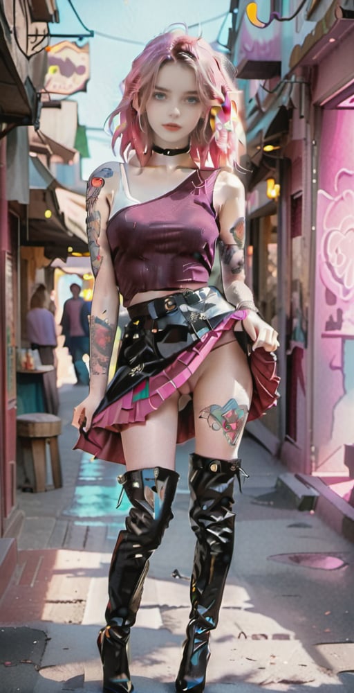 ((sexy, sensual, glamour, porn, erotic)), (((full body shot))), A serene scene unfolds as a 16-year-old girl, donning a pink miniskirt and one-shoulder tank top, walks through the vibrant merchant street of a cyberpunk village. The setting sun casts a warm glow, highlighting her freckles, red lipstick, and tattoos. Her long, wavy pink hair flows behind her like a river, as she confidently struts in over-the-knee boots and high heels. she has a sarcastic smile. The tight-fitting clothes accentuate her physique, while the anime-style watercolor filter gives the scene a vintage charm. large breast, skinny body, bimbo make-up, (over the knee boots),anime style,skirtlift, very big boobs, thin body, thin legs, thin ass, geisha, vintage italian porn